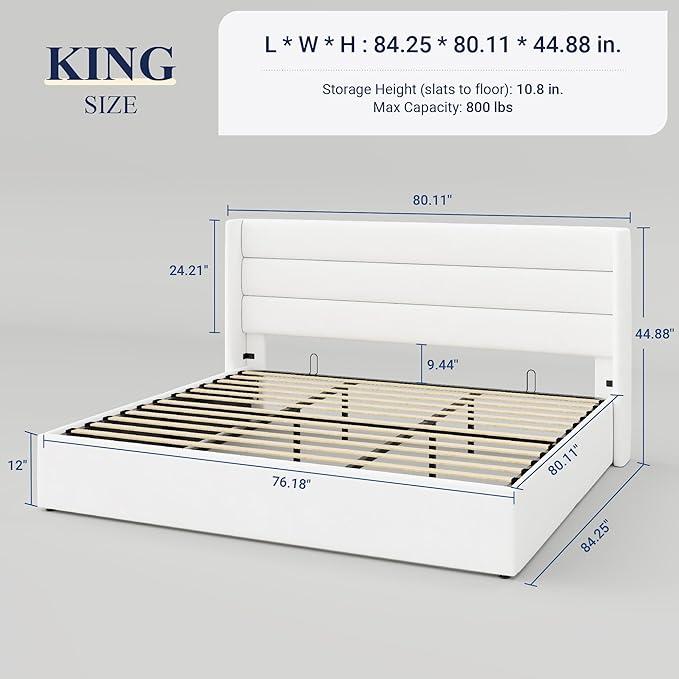 Allewie King Size Velvet Lift Up Storage Bed, Modern Wingback Headboard, Hydraulic Support, No Box Spring Needed, White