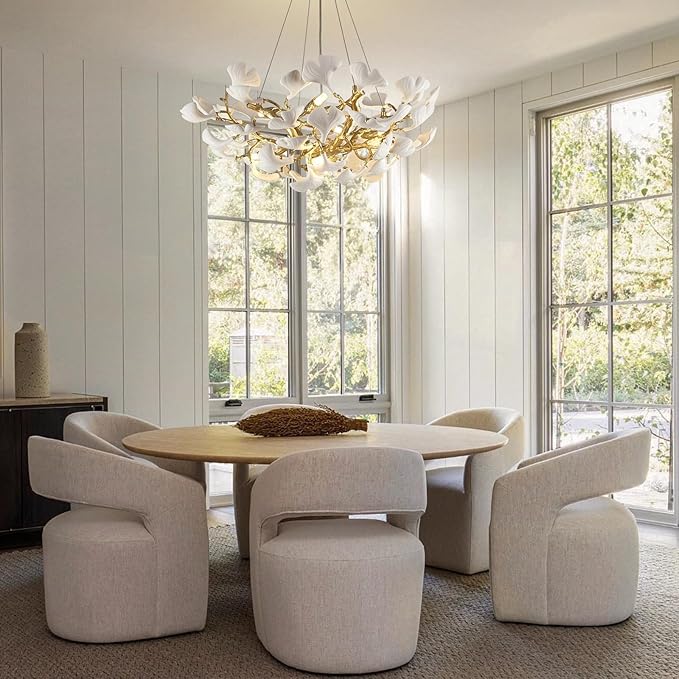 10-Light Gold Tree Branches Chandeliers, 32''Modern Round Ceramic Ginkgo Leaf Chandelier, Dining Room Chandelier Over Table, for Living, Foyer, Kitchen, Bedroom