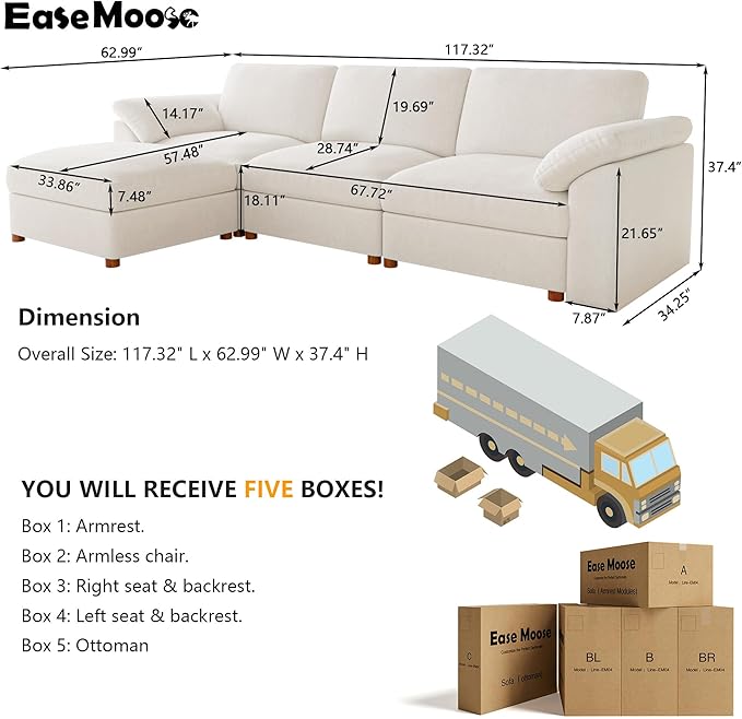 EASE MOOSE Oversized Modular Sectional Sofa with Ottoman, Modern Comfort Deep Seat L Shape Sectional Couch for Living Room, White