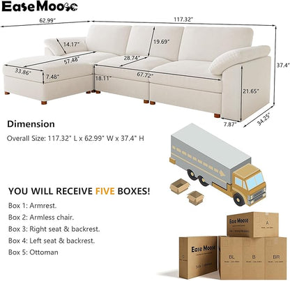 EASE MOOSE Oversized Modular Sectional Sofa with Ottoman, Modern Comfort Deep Seat L Shape Sectional Couch for Living Room, White