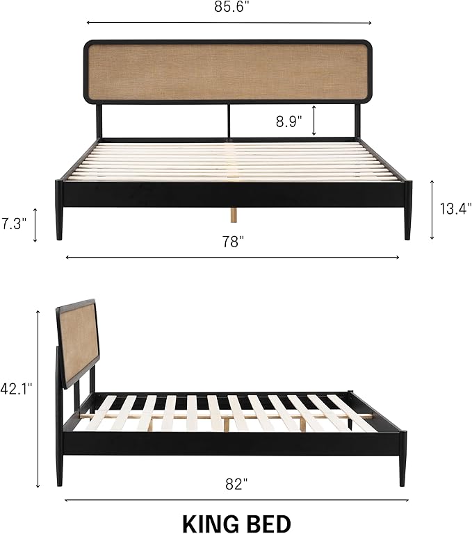 NTC Lupin Wooden Bed Frame with Headboard, Solid Oak and Rubber Wood Foundation with Silent Slats and Wood Central Supports, 1000 Lb Capacity, Effortless Assembly, King - Burnt Black