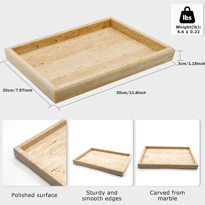 Travertine Tray,Bathroom Vanity Tray Non-Ceramic/Non-Resin,Marble Perfume Tray 12 x 8 inch (Travertine)
