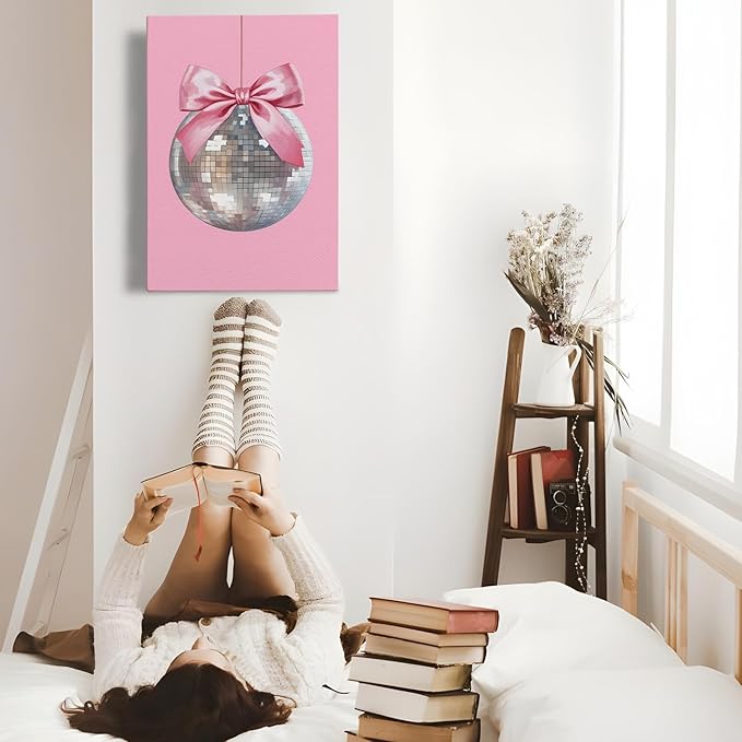 APJYM Pink Coquette Room Decor, Funky Y2K Disco Ball Preppy Wall Art, Preppy Room Decor, Trendy Retro Pink Aesthetic Posters Wall Decor for Teen Girls Bedroom Dorm Apartment Decor, 16x24 Inches Framed