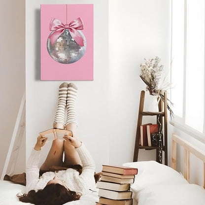 APJYM Pink Coquette Room Decor, Funky Y2K Disco Ball Preppy Wall Art, Preppy Room Decor, Trendy Retro Pink Aesthetic Posters Wall Decor for Teen Girls Bedroom Dorm Apartment Decor, 16x24 Inches Framed