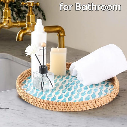 Round Rattan Tray with Mother of Pearl Inlay, Rattan Serving Tray for Coffee, Bread, Fruits, Decorative Wicker Tray for Table Decor, Home Decor, Kitchen Island Decor (Turquoise Fish, 11.8")