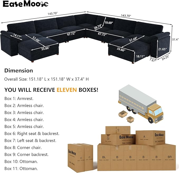 EASE MOOSE Oversized Modular Sectional Sofa with Ottoman, Modern Luxury Wide Deep Modular Couch, U Shaped Couch for Big Spaces Living Room,Blue