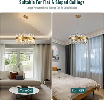Siljoy Modern Crystal Chandelier, 12-Light Luxury Round 2-Tiers K9 Crystal Raindrop Chandelier, Brushed Brass Gold Crystal Pendant Ceiling Light for Living Dining Room Kitchen Island Foyer D19.7''