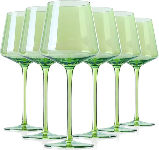 Physkoa Green Wine Glasses Set - 6-16oz Modern Colored Glassware With Tall Long Stem and Flat Bottom for Spring Home Party
