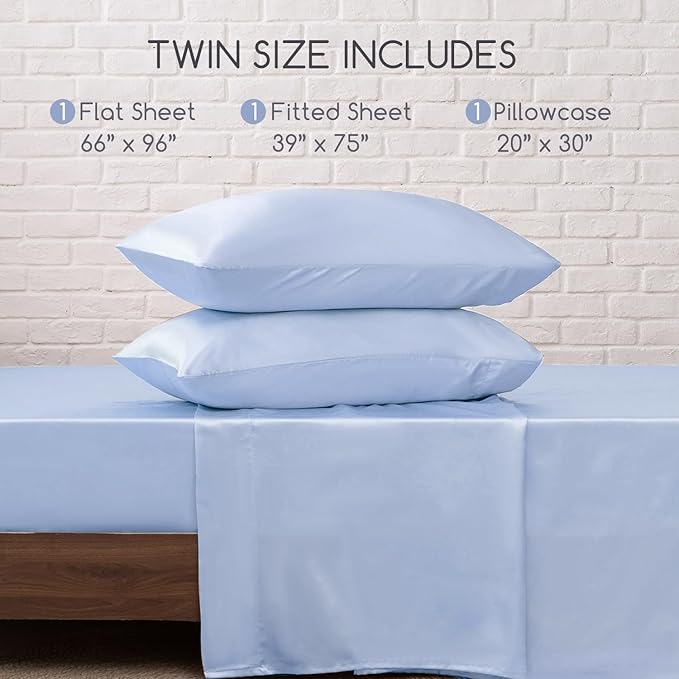 MR&HM Satin Bed Sheets, Twin Size Sheets Set, 3 Pcs Silky Bedding Set with 15 Inches Deep Pocket for Mattress (Twin, Light Blue)