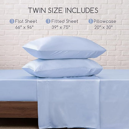 MR&HM Satin Bed Sheets, Twin Size Sheets Set, 3 Pcs Silky Bedding Set with 15 Inches Deep Pocket for Mattress (Twin, Light Blue)