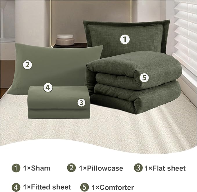 Geniospin Dark Olive Green Twin Comforter Set - 5 Pieces Comforter Twin Size, Solid Bedding Set for All Season, Textured Bed in a Bag with Sheets
