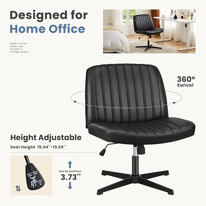 DUMOS Desk Chair No Wheels, Criss Cross Chair Wide Cross Legged Desk Vanity Chair, PU Leather Armless Adjustable Swivel Chairs for Home Computer Task Black