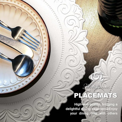 Noctiflorous Round Faux Leather 15 Inch Placemats Set of 6 Waterproof Wipeable Heat Resistant Tablemat for Dining Table Kitchen Non Slip Washable Oilproof Table Place Mat(White, 6)