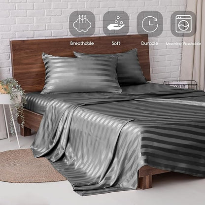 MR&HM Satin Bed Sheets, King Size Sheets Set, 4 Pcs Silky Bedding Set with 15 Inches Deep Pocket for Mattress (King, Dark Grey Striped)