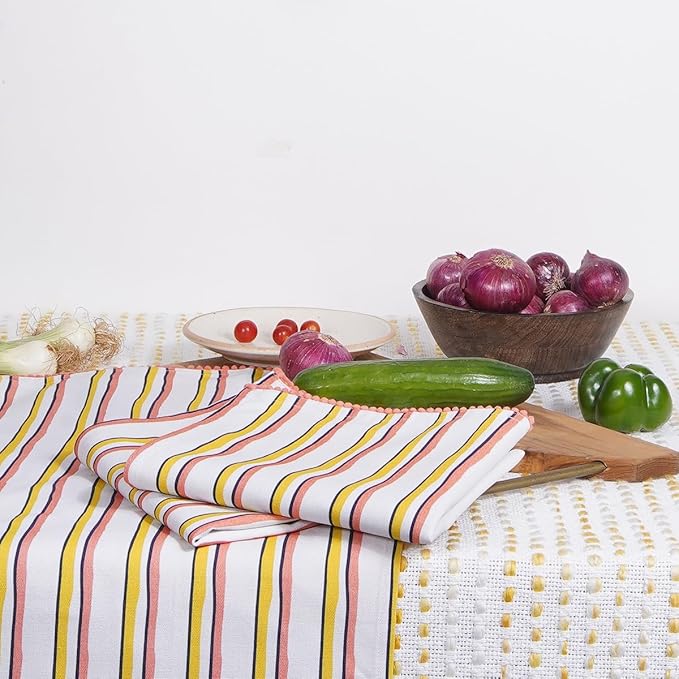 TARAN LIVING Printed Kitchen Dish Bar and Tea Towels Cotton, 18x28 inch with Trims, Cotton Dish Towel Sets (Yellow Stripes, Set of 6)