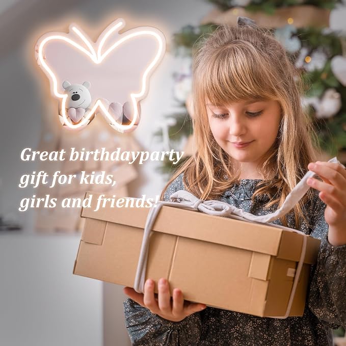 Butterfly Mirror Neon Sign Dimmable USB LED Neon Lights for Ideal Home Decor for Bedroom, Kidsroom, Living Room Parties, Christmas Birthdays Gifts for Girls Women, Boho Mirror Wall Sign Art Gift-White