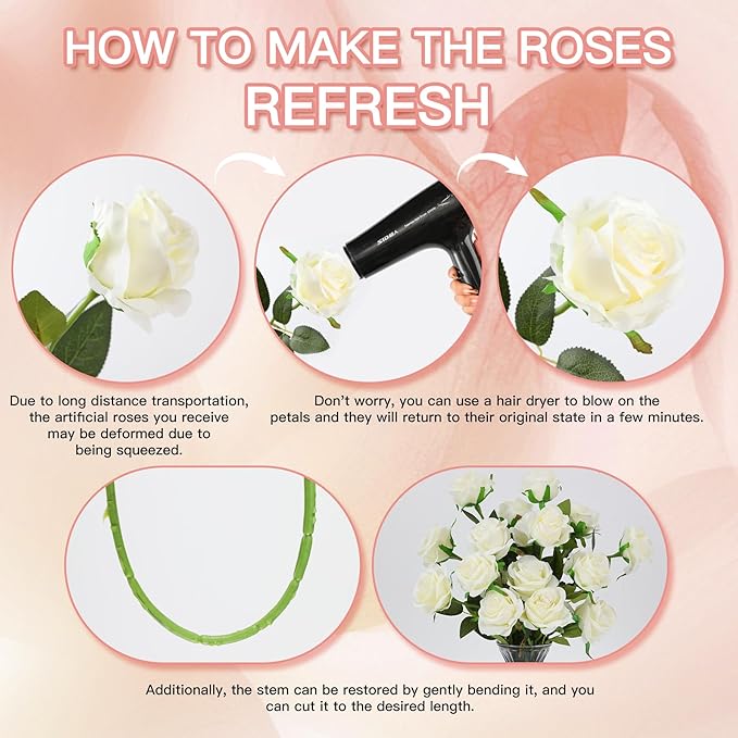 Nubry 50pcs Artificial Silk Roses Bulk,Fake Roses Flower with Stems Realistic Flowers for Wedding Centerpiece Home Party Decor(White)