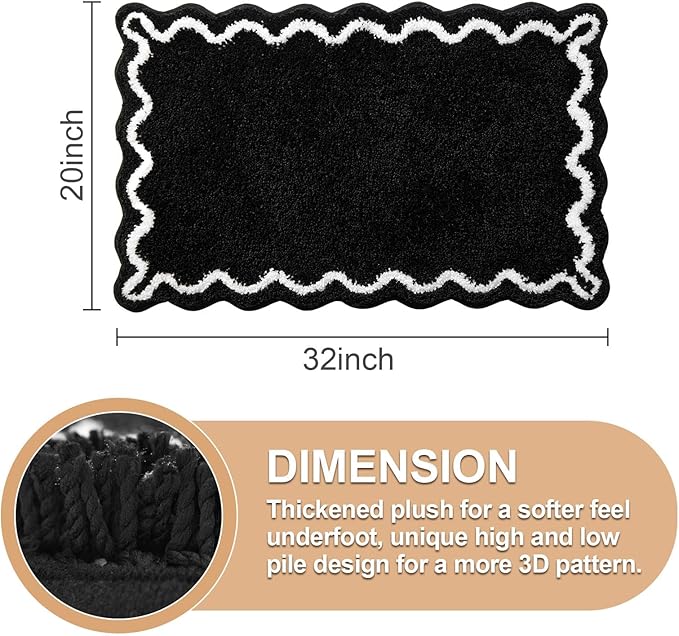 ORTIGIA Black Bath Mat with White Scallop Non Slip, Quick Dry Bath Rug Absorbent Soft Plush Microfiber Bathmat for Bathroom Floor for Sink Bedroom, 20x32