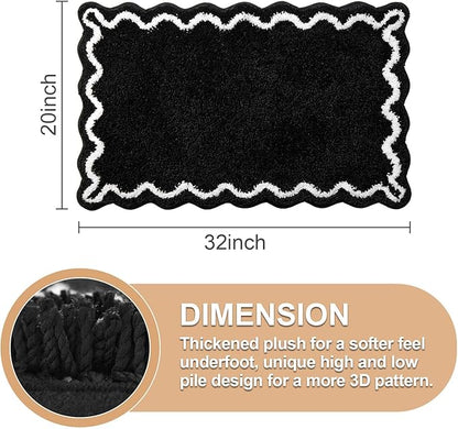 ORTIGIA Black Bath Mat with White Scallop Non Slip, Quick Dry Bath Rug Absorbent Soft Plush Microfiber Bathmat for Bathroom Floor for Sink Bedroom, 20x32