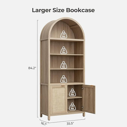 SICOTAS Book Shelf Arched Cabinet Bookshelf Arch 84.2" Tall Bookcase 5 Tier Large Bookshelves with Doors Storage Rattan Boho Wide Book Shelves Case for Living Room Kitchen Office Bedroom Library