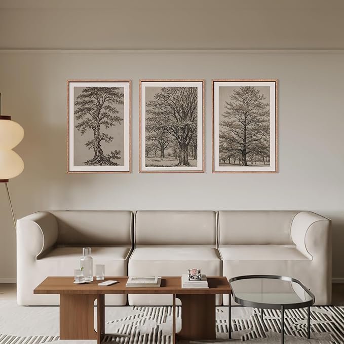 HOURIA Vintage Tree Sketch Framed Canvas Wall Art Set,Natural Brown and Gray Woodland Wall Decor,Mid Century Nature Forest Artwork,Textured Botanical Art Print for Living Room,Bedroom,Office-24"x36"x3