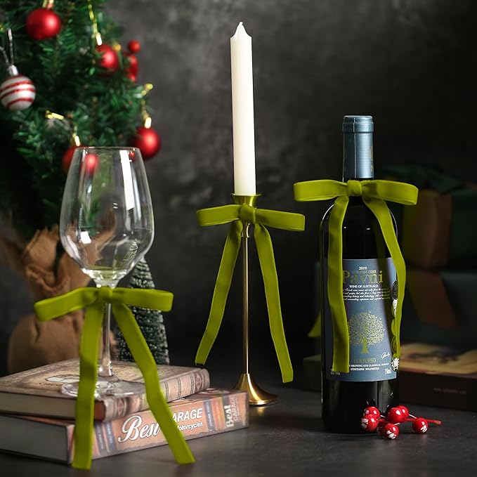 AYGXU 30pcs Velvet Bows for Christmas Tree Decorations,Twist tie Bows,Vintage Christmas Bow Decor,premade Bow for Gift Wrapping,Table,Garland,Fireplace Decor.Olive Green(5/8" W,5.1 * 7in)