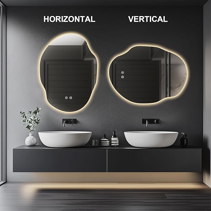 Irregular LED Bathroom Mirror with Lights,Asymmetrical Led Bathroom Vanity Mirror for Wall with Front and Backlit, Anti Fog, 3 Colors and Dimmable Light,[Horizontal/Vertical] 30" H x 22" W