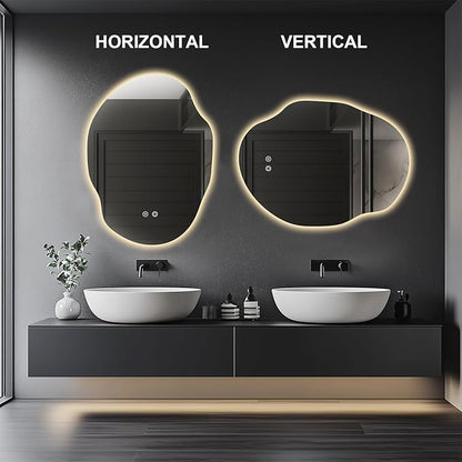 Irregular LED Bathroom Mirror with Lights,Asymmetrical Led Bathroom Vanity Mirror for Wall with Front and Backlit, Anti Fog, 3 Colors and Dimmable Light,[Horizontal/Vertical] 30" H x 22" W
