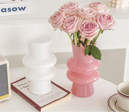 JSPYFITS Modern Glass Vases, 7.87" Tall Four-Layer Book Vase Bubble Flower Vases Decorative for Home Décor, Decorative Pink Glass Table Vase for Wedding Housewarming Gift