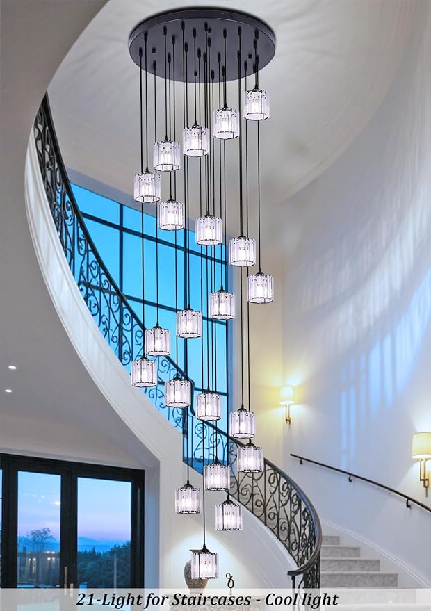 Long Chandeliers for High Ceilings,Modern Crystal Pendant Light,Raindrop Drop Lamp,Hanging Lighting Fixtures for Spiral Staircase,Foyer,Entryway,Living Room,Black (21 Lights)