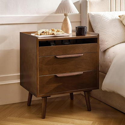 HULALA HOME 2 Drawer Nightstand with Charging Station, Mid-Century Modern Bedside Tables with Wood Legs, Wood Night Stand with Pull-Out Shelf Set of 2, Walnut
