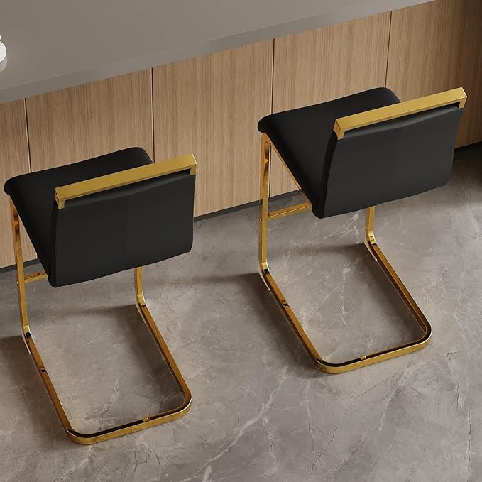 Counter Height Bar Stools Set of 2,Bar Stools with Back,25" Black Island Chairs with Gold Chrome Plated Metal Leg,Faux Leather Barstools for Pub Kitchen Counter Dining Chair