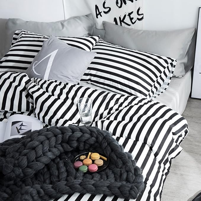 CLOTHKNOW Striped Full Size Comforter Sets Black White Bedding Comforter Sets Farmhouse Comforter Ticking Boho Comforter with 2 x Pillow Cases