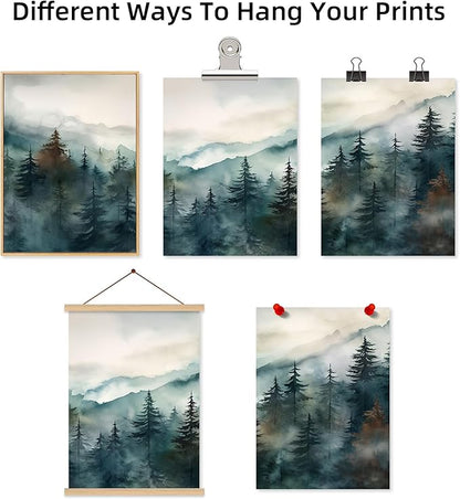 Foggy Forest Wall Art Prints Watercolor Mountain Canvas Wall Decor Landscape Nature Poster Wall Art Abstract Tree Pictures Artwork Modern Painting for Living Room Bedroom 24x36 Inch Unframed Set of 3