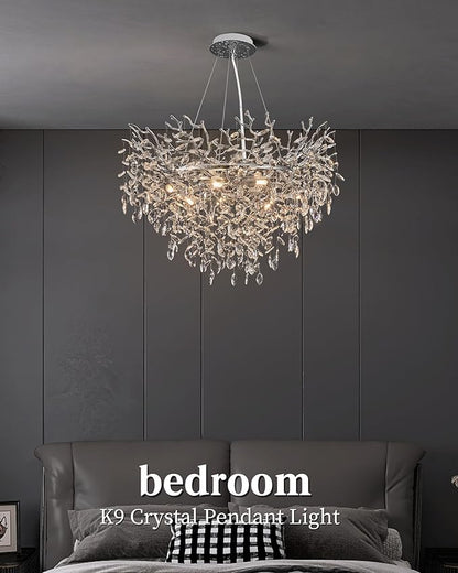 Modern Crystal Chandelier for Dining Room, 31.5" Chrome Tree Branch Chandeliers, 10-Light Luxury K9 Crystal Round Chandeliers for Kitchen Island Living Room