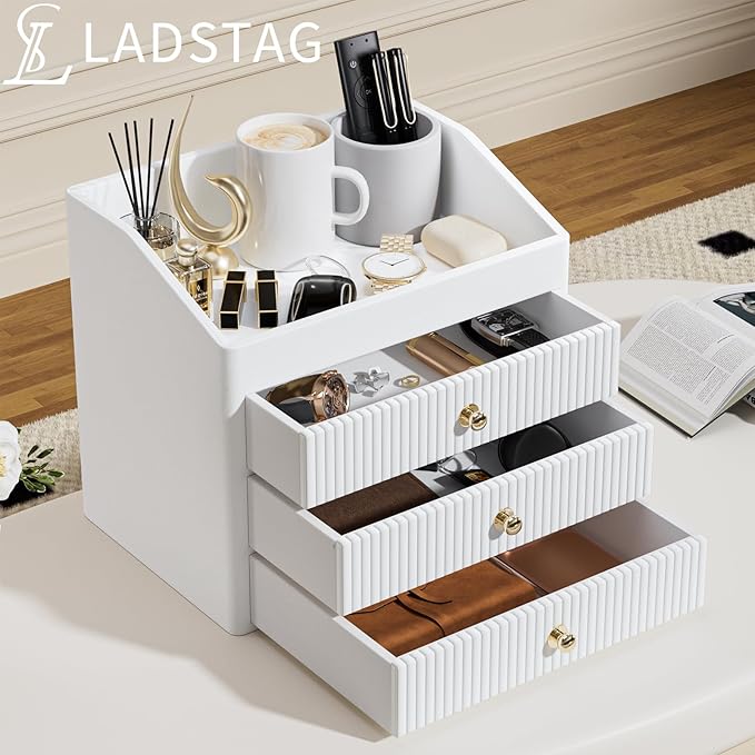 Office Accessories,Begie White Vegan Leather Office Supplies with 3 Drawers & Tray for Desk,Perfume Organizer with Gold-Tone Metal Accents Knob Bedroom