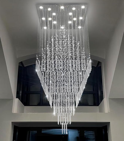 W40 x H120 Glam Chandelier with LED Bulbs Square Chandeliers, Crystal Raindrop High Ceiling Pendant Light for Entrance Large Villa Chandelier Foyer Lighting Fixtures Silver