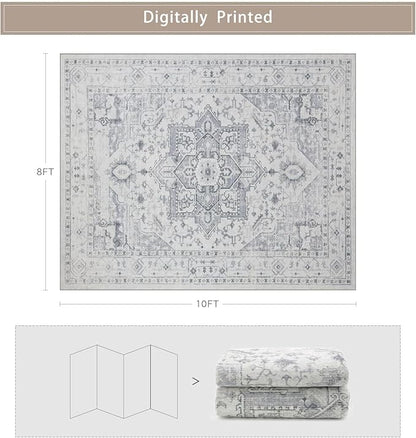 Area Rug 8x10 Washable Area Rugs for Living Room- Ultra Soft Non-Shedding Faux Wool Bedroom Rug Large Grey Vintage Print Rugs with Non Slip Rubber- Indoor Retro Foldable Carpet for Dining Room