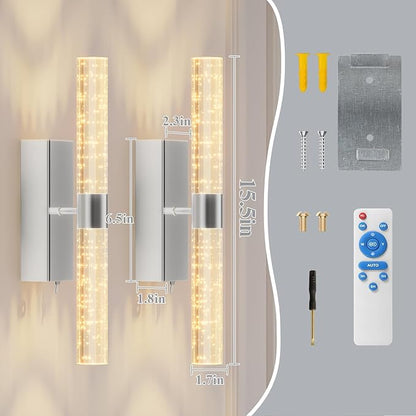 camuucci Battery Operated Sliver Wall Sconces Set of 2 Rechargeable Battery Powered Wall Light with 12000mAh Indoor Not Hardwired Dimmable Wall Lamp Fixtures for Bedroom Living Room 15.3 Inches