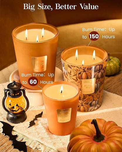 M&SENSE Large Candles Caramel Pumpkin Latte Scented, 3 Wick Natural Soy Candles for Home Scented, 150H Long Lasting Slow Burn Jar 35oz, Home Fragrance Halloween Thanksgiving Christmas Gifts