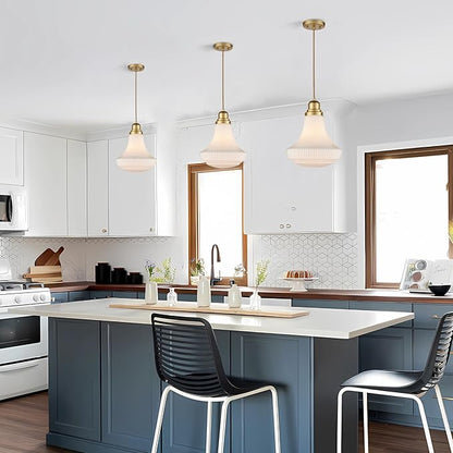 CLAXY Modern Gold Pendant Light Over Kitchen Island with Milky White Glass Shade Adjustable Hanging Pendant Lighting for Kitchen Dining Room Bedroom Restaurant