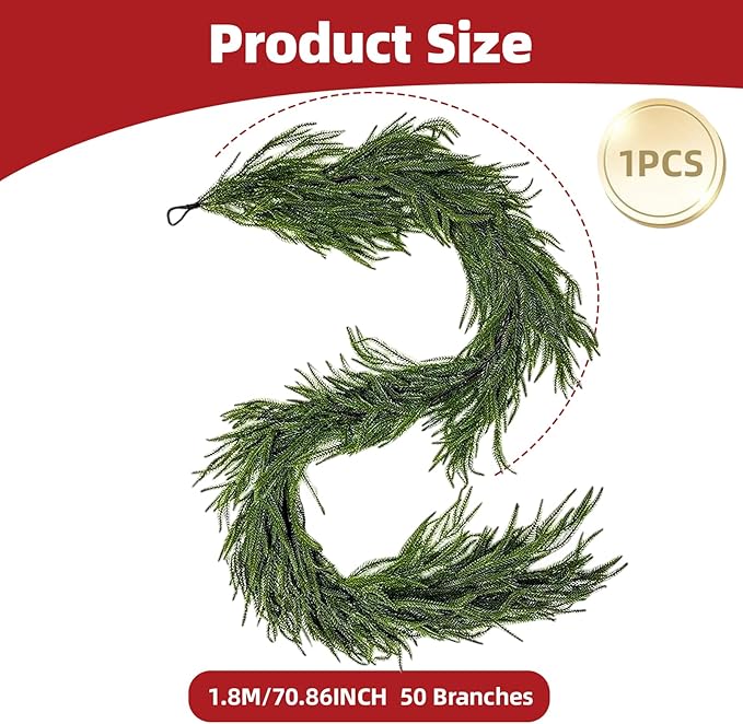 Christmas Garlands 6FT Norfolk Pine Garland 1 PCS Realistic Artificial Faux Greenery Garlands for Mantle Holiday Indoor Outdoor Fireplace Window Stairs Winter Christmas Decorations