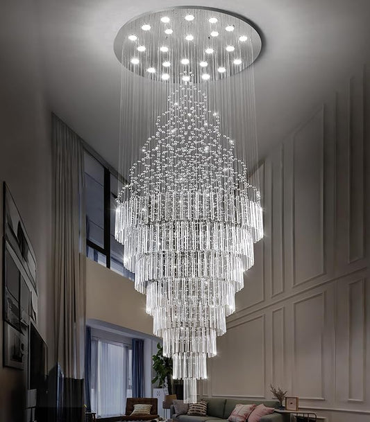 W47 x H120 Crystal LED Chandelier with Light Bulbs Luxury Raindrop High Ceiling Chandeliers for Entryway Villa Staircase Foyer Living Room Lighting Fixtures Silver