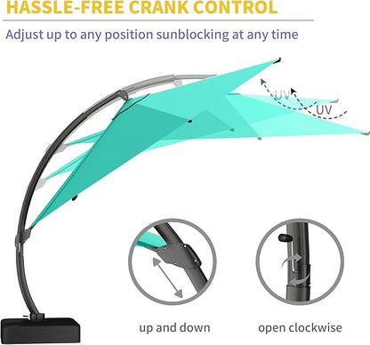 Kingdura 12ft Offset Cantilever Patio Umbrella with Base Included, Large Round Aluminum Outdoor Umbrella, 360° Rotation & Infinite Tilt, Heavy Duty Frame for Deck Pool Backyard, Turquoise blue