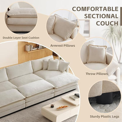 SoarFlash Chenille Sectional Sofa, Comfy Modular Coush Sofa with Ottoman, Modern 3 Seat Recliner Deep Seat Sofa Set for Living Room,Light Coffee
