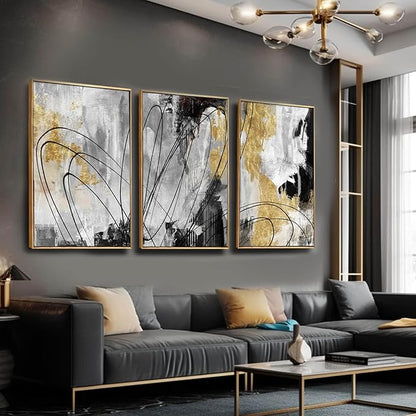 YJYart Gold Wall Art Abstract Wall Art Living Room Decor Black and White Canvas Picture Home Decor Wooden Frame Line Paintings Modern Artwork Office Decor 24"x 36"x 3 Pieces