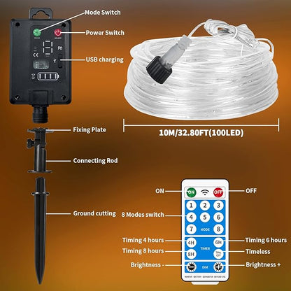 Solar Rope Lights Waterproof 39FT 100LEDs,High Capacity Rechargeable Battery,Dual Charging,Outdoor String Light,Remote-Control,for Pathway Patio Garden Palm Tree Christmas (Brighter - Warm White)