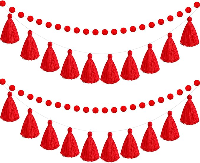 Syhood 4 Pcs Thanksgiving Christmas Pom Pom Tassel Garland Fall Felt Ball Banner Decorative Colorful Pompom Garland for Thanksgiving Autumn Xmas Theme Party Classroom Home Decor(Red Color)