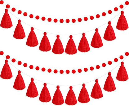Syhood 4 Pcs Thanksgiving Christmas Pom Pom Tassel Garland Fall Felt Ball Banner Decorative Colorful Pompom Garland for Thanksgiving Autumn Xmas Theme Party Classroom Home Decor(Red Color)