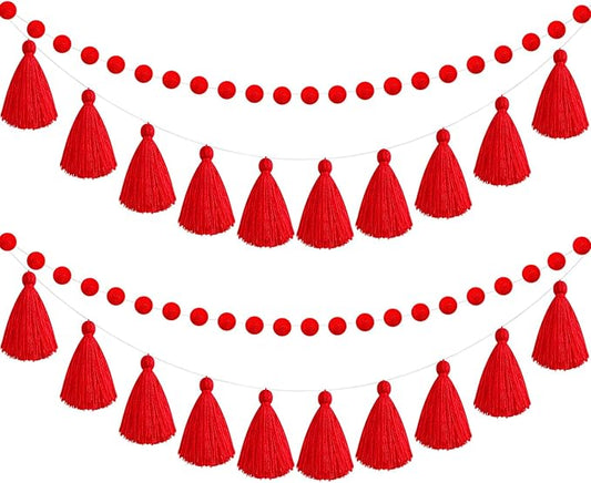 Syhood 4 Pcs Thanksgiving Christmas Pom Pom Tassel Garland Fall Felt Ball Banner Decorative Colorful Pompom Garland for Thanksgiving Autumn Xmas Theme Party Classroom Home Decor(Red Color)